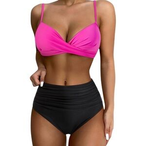 NWT Pink & Black Twist Front - High Waisted - Push‎ Up - Two Piece Bikini  - Lg